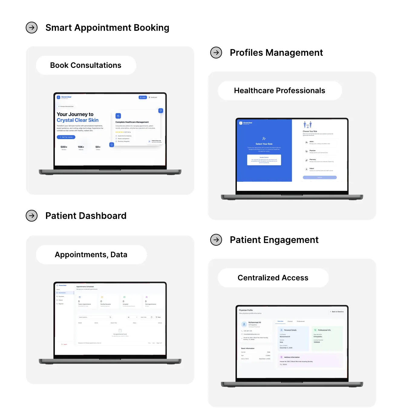 4everclear appointment booking and patient dashboard screens
