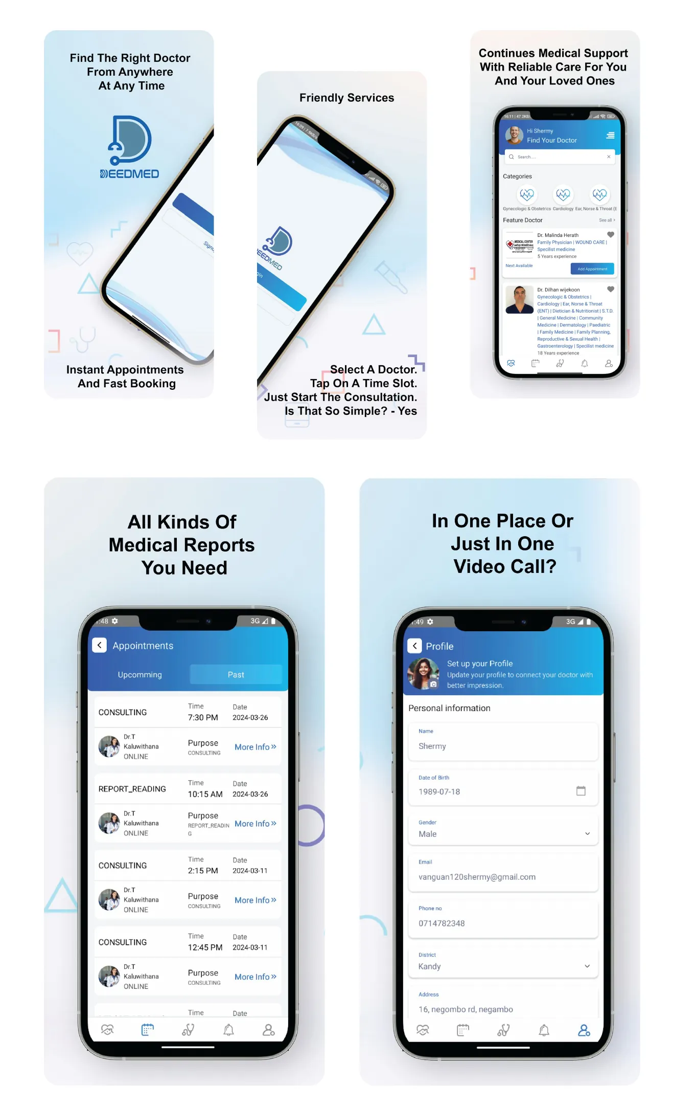 DeedMed Lives mobile app screens for booking, medical reports and video calls