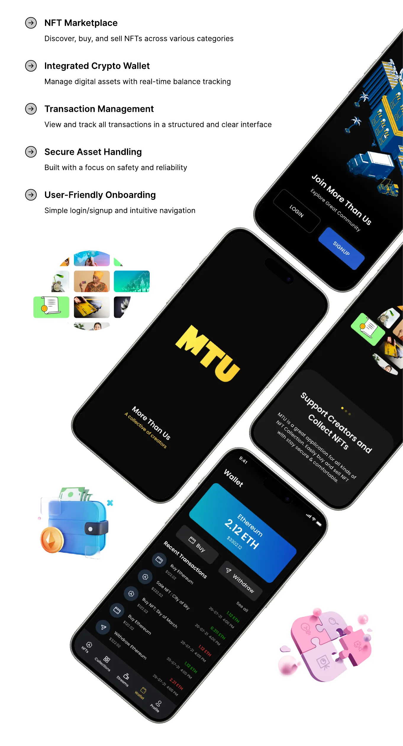 MTU mobile app screens for the NFT marketplace and crypto wallet