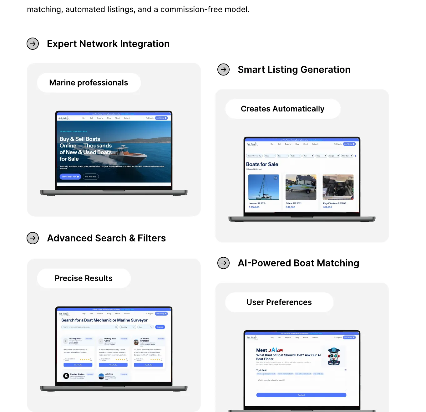 SetSale Marine marketplace screens for listings, search and AI boat matching