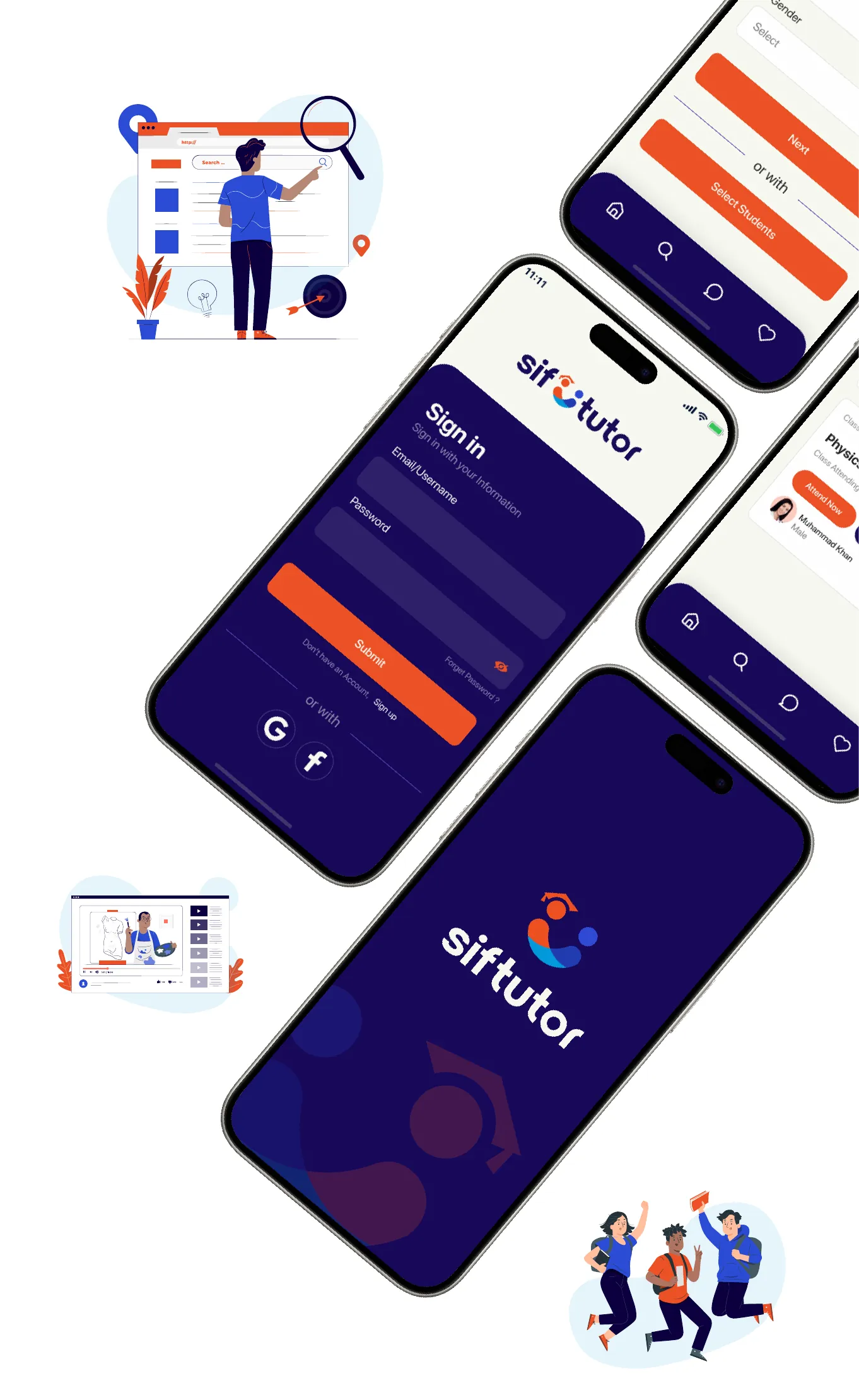 SifuTutor mobile app screens for sign-in, tutor matching and scheduling