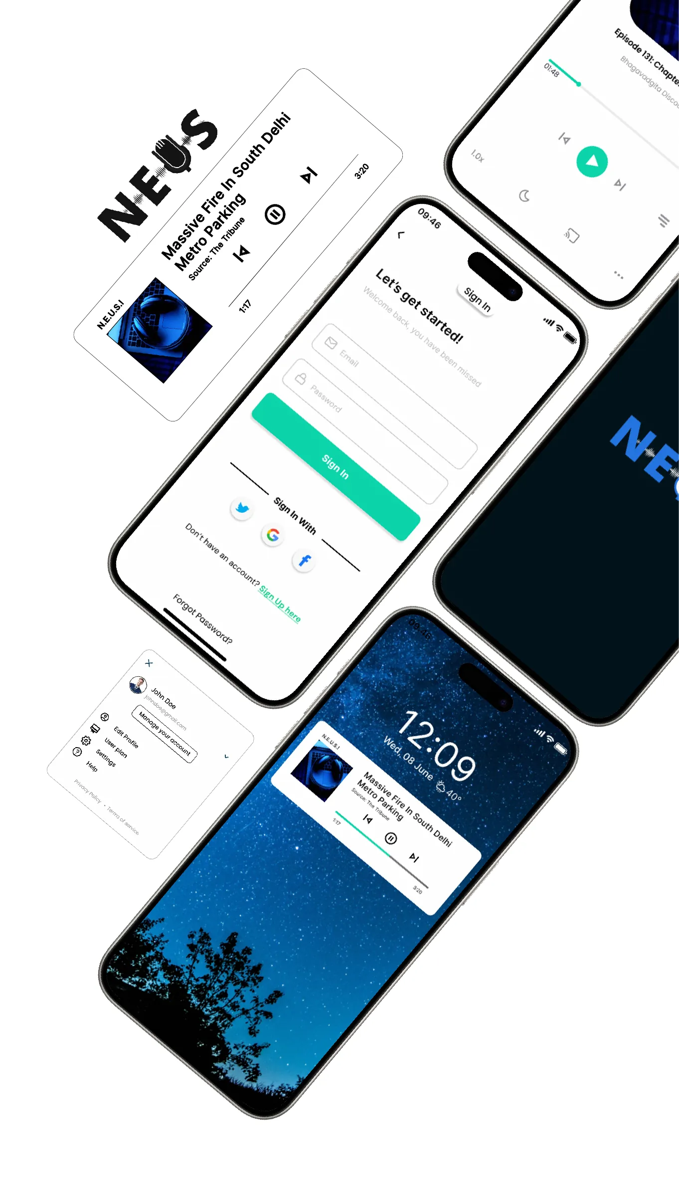 Viswaas News mobile app screens for the audio news player and sign-in