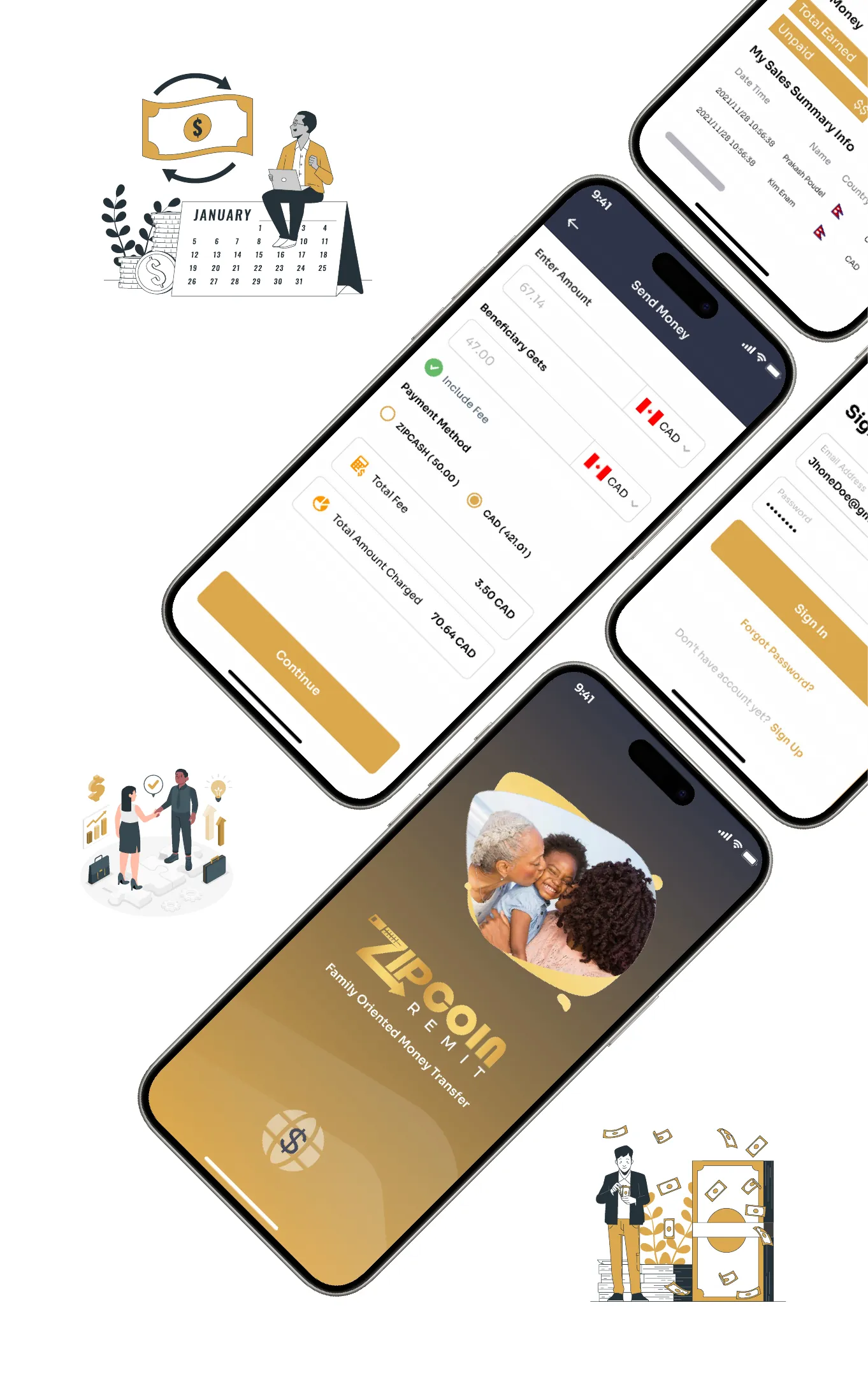 ZipCoin mobile app screens for sending money and tracking agent commissions